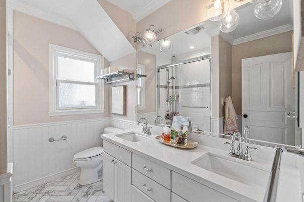 Bathroom, Dual Sink Vanities, Glass Shower, Interior, Marble, Recessed Lighting