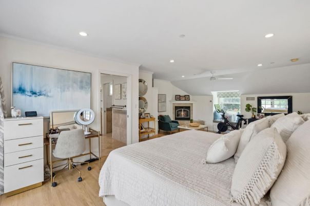 Bedroom, Fireplace, Home Office, Interior, Recessed Lighting, Wood Texture Flooring