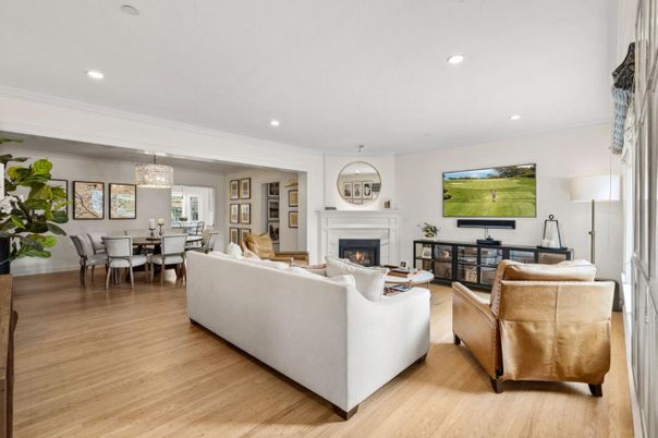Chandelier, Dining room, Fireplace, Interior, Living room, Recessed Lighting, Wood Texture Flooring