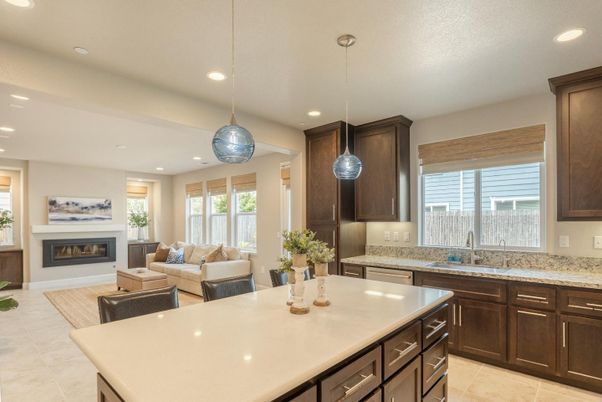 Fireplace, Interior, Kitchen, Living room, Pendant Lights, Recessed Lighting