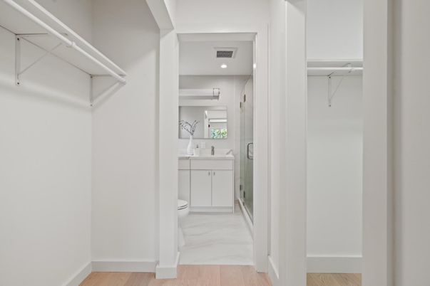 Bathroom, Interior, Marble, Recessed Lighting, Walk-in Closets, Wood Texture Flooring