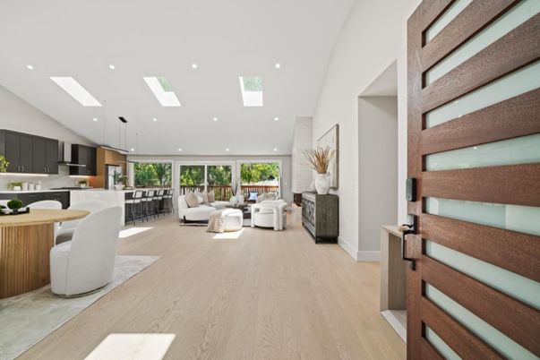 Fireplace, Interior, Kitchen, Living room, Pendant Lights, Recessed Lighting, Wood Texture Flooring