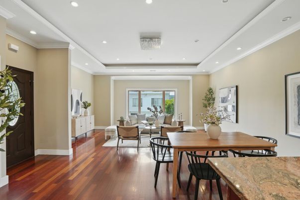 Dining room, Interior, Living room, Recessed Lighting, Wood Texture Flooring