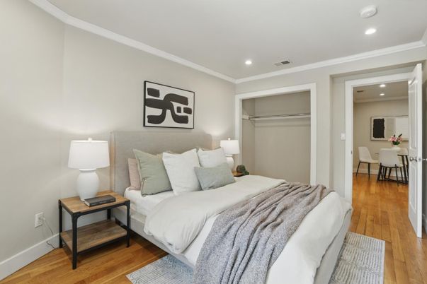 Bedroom, Interior, Recessed Lighting, Wood Texture Flooring