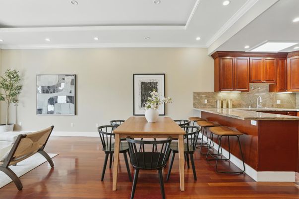 Dining room, Interior, Recessed Lighting, Wood Texture Flooring