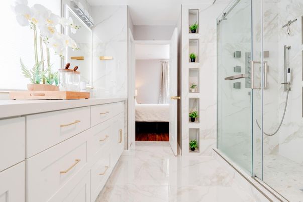 Bathroom, Glass Shower, Interior, Marble, Marble Walls