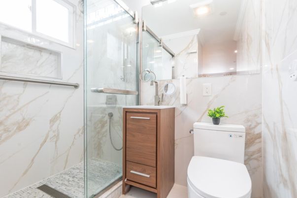 Bathroom, Glass Shower, Interior, Marble Walls, Recessed Lighting