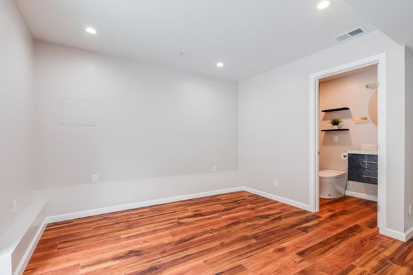 Bathroom, Empty room, Interior, Recessed Lighting, Wood Texture Flooring