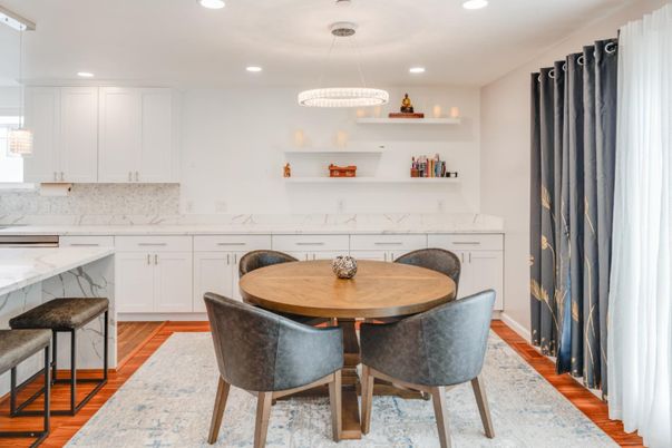 Dining room, Interior, Pendant Lights, Recessed Lighting, Wood Texture Flooring