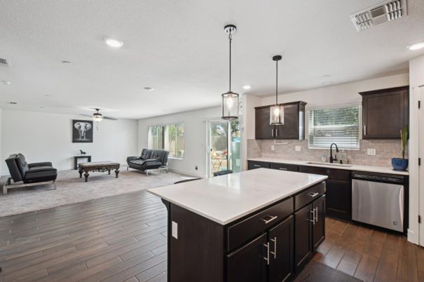 Interior, Kitchen, Living room, Pendant Lights, Recessed Lighting, Wood Texture Flooring