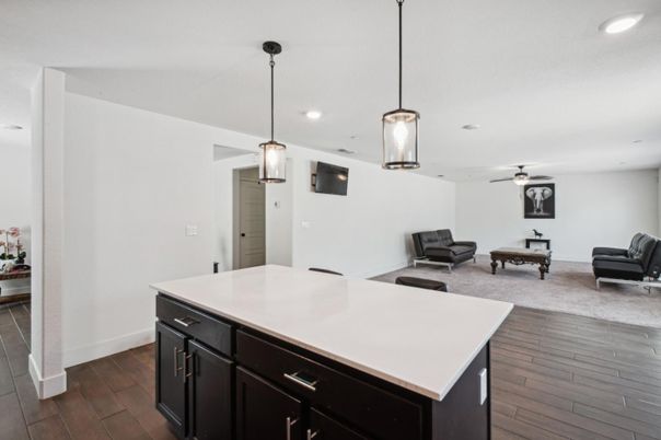 Interior, Kitchen, Pendant Lights, Recessed Lighting, Wood Texture Flooring