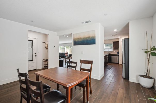 Dining room, Interior, Kitchen, Recessed Lighting, Wood Texture Flooring