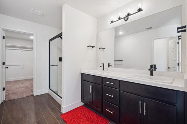 Bathroom, Dual Sink Vanities, Glass Shower, Interior, Recessed Lighting, Walk-in Closets, Wood Texture Flooring