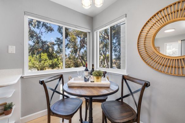 Dining room, Interior, Recessed Lighting, Wood Texture Flooring