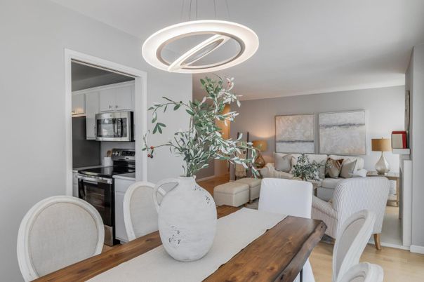 Dining room, Interior, Kitchen, Living room, Pendant Lights, Wood Texture Flooring