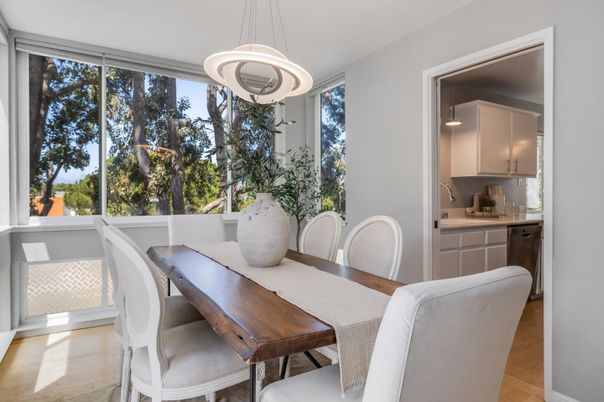 Dining room, Interior, Pendant Lights, Wood Texture Flooring