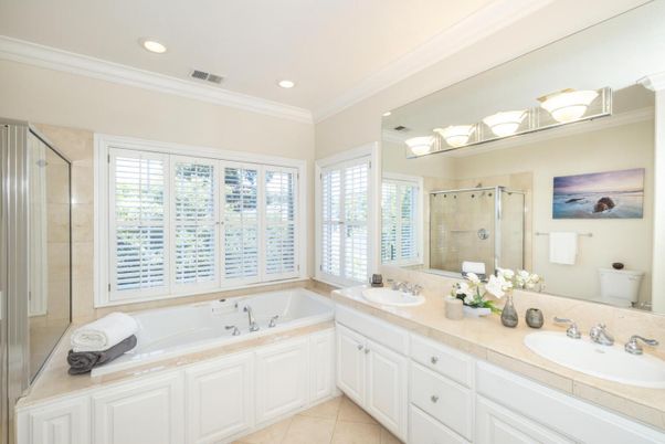Bathroom, Dual Sink Vanities, Glass Shower, Interior, Recessed Lighting, Tile Countertops