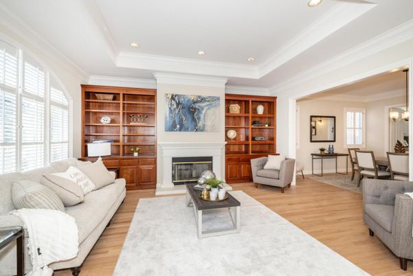 Dining room, Fireplace, Interior, Living room, Recessed Lighting, Wood Texture Flooring