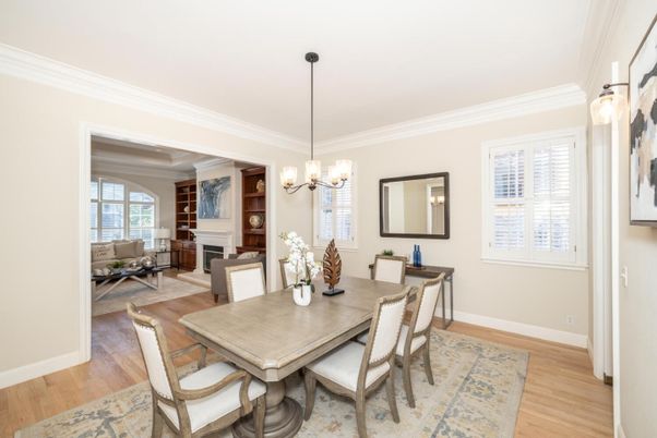 Chandelier, Dining room, Fireplace, Interior, Living room, Pendant Lights, Wood Texture Flooring
