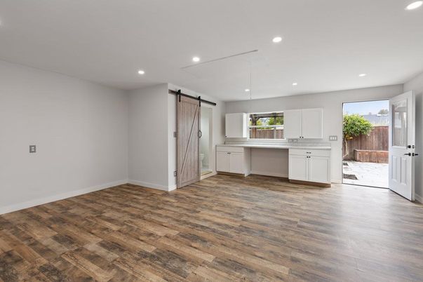 Empty room, Interior, Kitchen, Recessed Lighting, Wood Texture Flooring