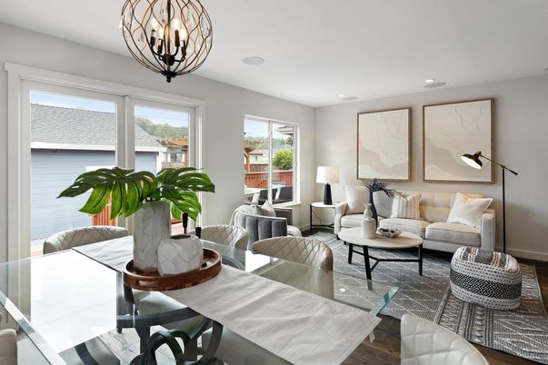 Chandelier, Dining room, Interior, Living room, Recessed Lighting, Wood Texture Flooring
