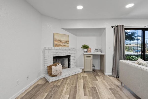 Fireplace, Interior, Recessed Lighting, Wood Texture Flooring