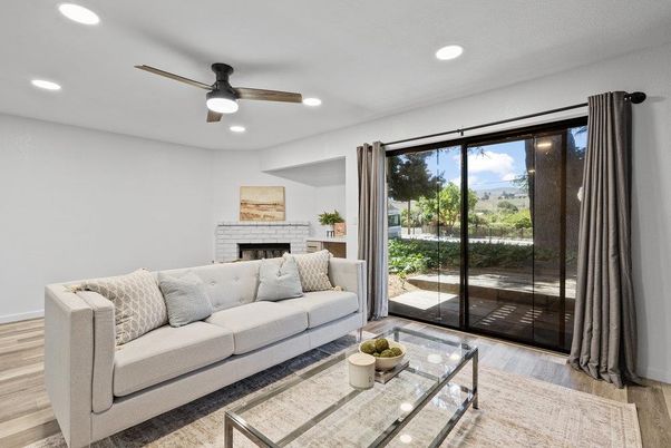 Fireplace, Interior, Living room, Recessed Lighting, Wood Texture Flooring