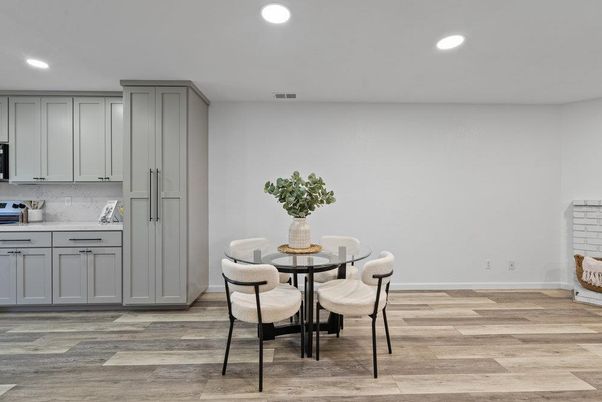 Dining room, Interior, Kitchen, Recessed Lighting, Wood Texture Flooring