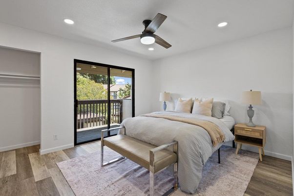 Bedroom, Interior, Recessed Lighting, Wood Texture Flooring
