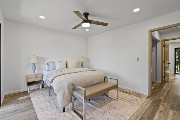 Bedroom, Interior, Recessed Lighting, Wood Texture Flooring