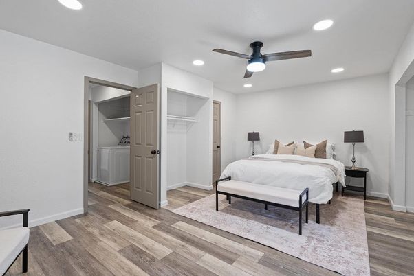 Bedroom, Interior, Recessed Lighting, Wood Texture Flooring