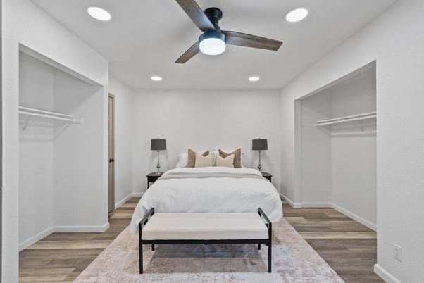 Bedroom, Interior, Recessed Lighting, Wood Texture Flooring