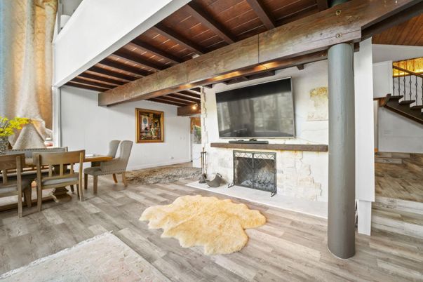 Dining room, Fireplace, Interior, Wooden Beams, Wooden Ceilings, Wood Texture Flooring