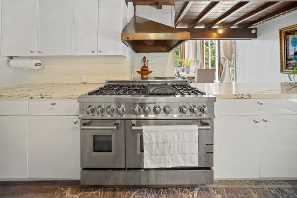 Interior, Kitchen, Stainless Steel Appliances, Wooden Beams, Wood Texture Flooring