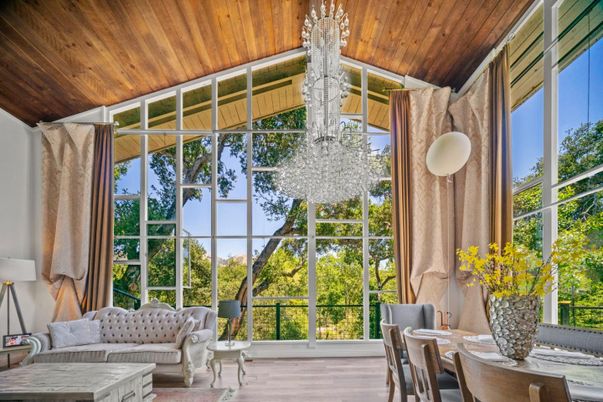 Chandelier, Interior, Sun Room, Wooden Ceilings, Wood Texture Flooring