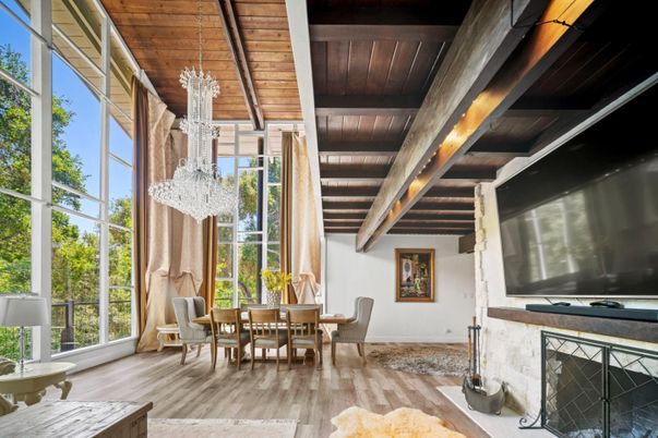 Chandelier, Dining room, Interior, Wooden Beams, Wooden Ceilings, Wood Texture Flooring