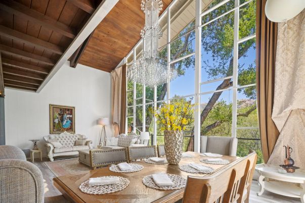 Chandelier, Dining room, Interior, Living room, Sun Room, Wooden Beams, Wooden Ceilings, Wood Texture Flooring