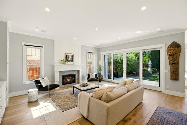 Fireplace, Interior, Living room, Recessed Lighting, Wood Texture Flooring
