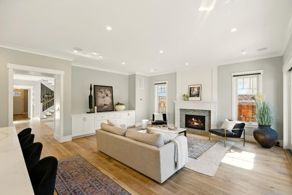 Fireplace, Interior, Living room, Recessed Lighting, Wood Texture Flooring