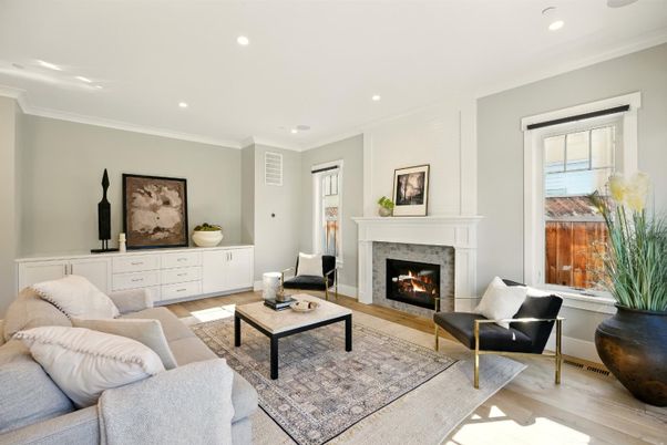 Fireplace, Interior, Living room, Recessed Lighting, Wood Texture Flooring