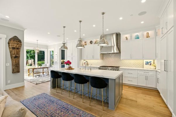 Chandelier, Interior, Kitchen, Pendant Lights, Recessed Lighting, Stainless Steel Appliances, Wood Texture Flooring