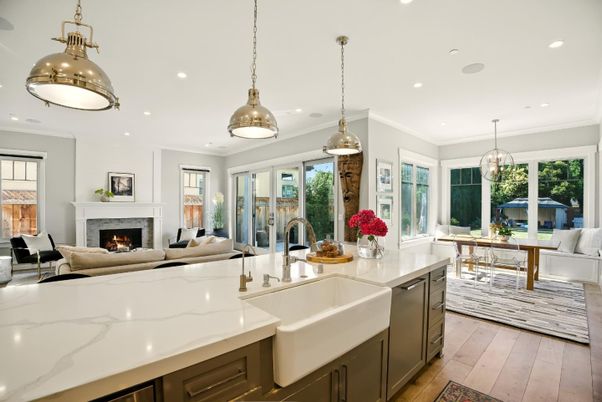 Dining room, Fireplace, Interior, Kitchen, Living room, Pendant Lights, Recessed Lighting, Wood Texture Flooring