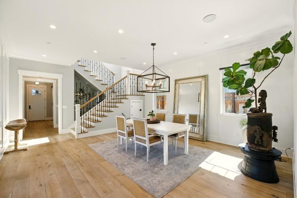 Dining room, Interior, Pendant Lights, Recessed Lighting, Wood Texture Flooring