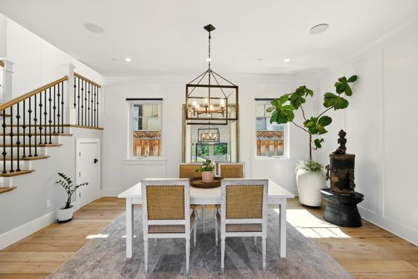Dining room, Interior, Pendant Lights, Recessed Lighting, Wood Texture Flooring