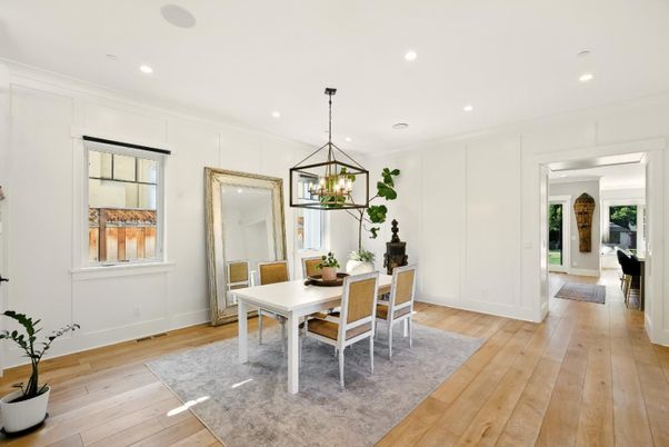 Dining room, Interior, Pendant Lights, Recessed Lighting, Wood Texture Flooring
