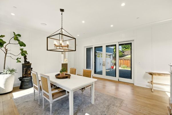 Dining room, Interior, Pendant Lights, Recessed Lighting, Wood Texture Flooring