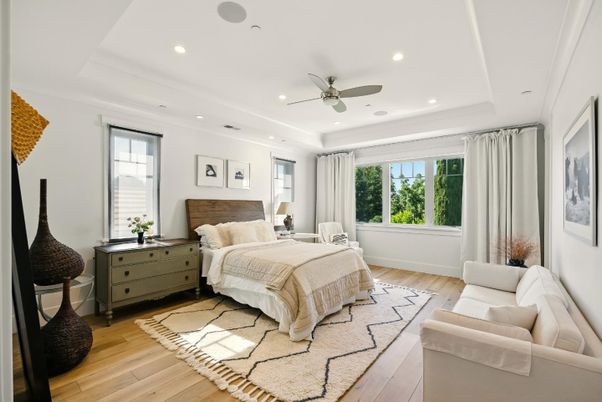 Bedroom, Interior, Recessed Lighting, Wood Texture Flooring