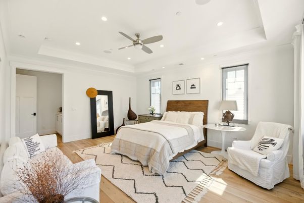 Bedroom, Interior, Recessed Lighting, Wood Texture Flooring