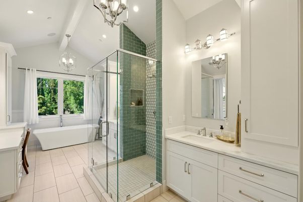 Bathroom, Free Standing Baths, Glass Shower, Interior, Recessed Lighting