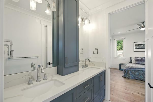 Bathroom, Dual Sink Vanities, Interior, Recessed Lighting, Wood Texture Flooring